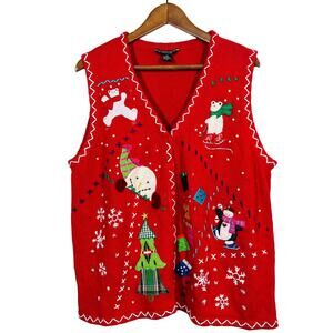 Vintage Reference Point Christmas Vest Knit Lightweight Red Button - 1X